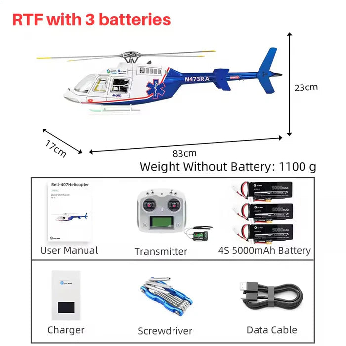 FLYWING Bell407 470 Class RC Helicopter RTF with 3x 5000mAh battery — 3 Battery Package