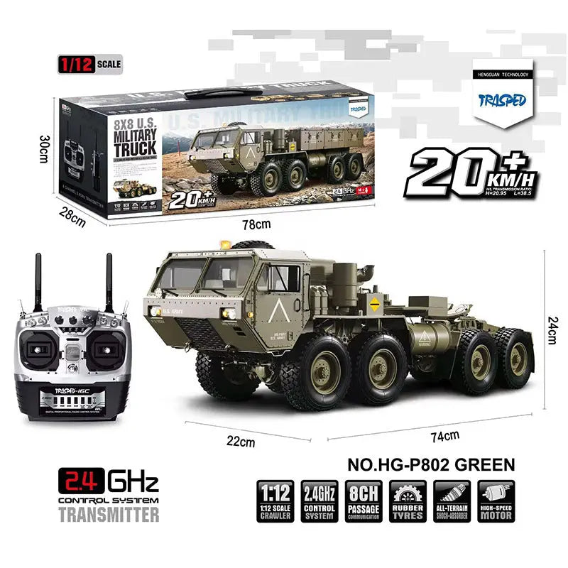 HG P801 P802 US Army Military Truck RC Car 1/12 8X8 M983 2.4G with Sound & Light Upgrades 5KG Load Capacity FUNYAT