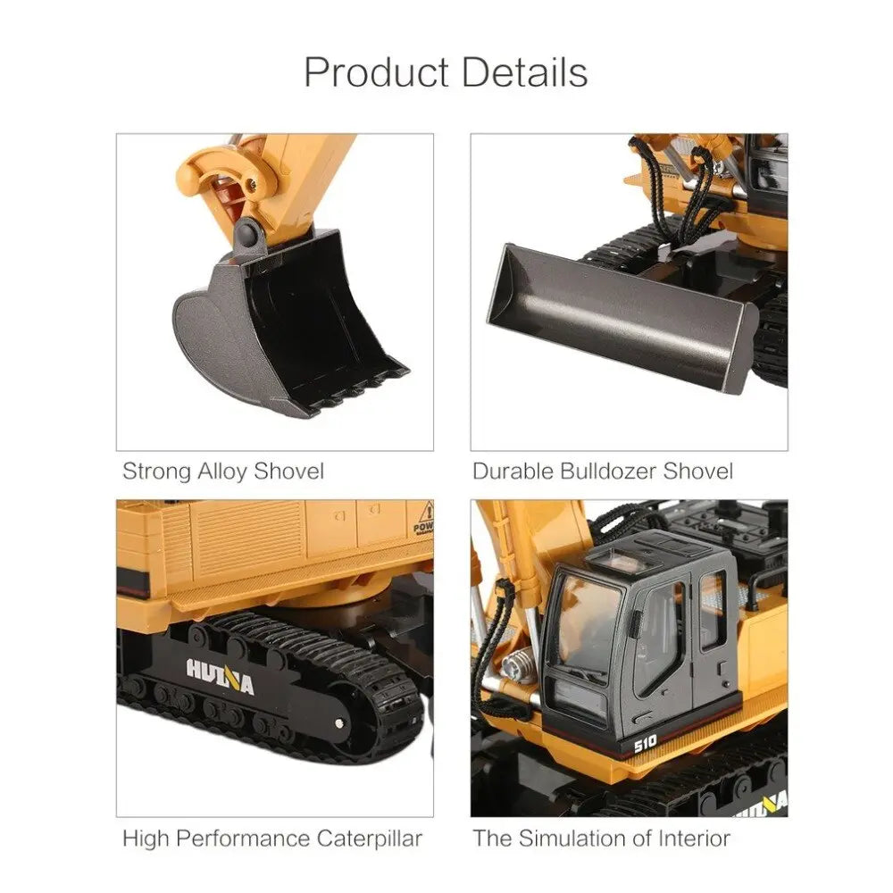 Huina 1510 1/16 Scale 2.4G 11CH Excavator Bulldozer 680° Rotating LED Light Sound RC Construction Car Toy - rc construction truck,rc car | FUNYAT