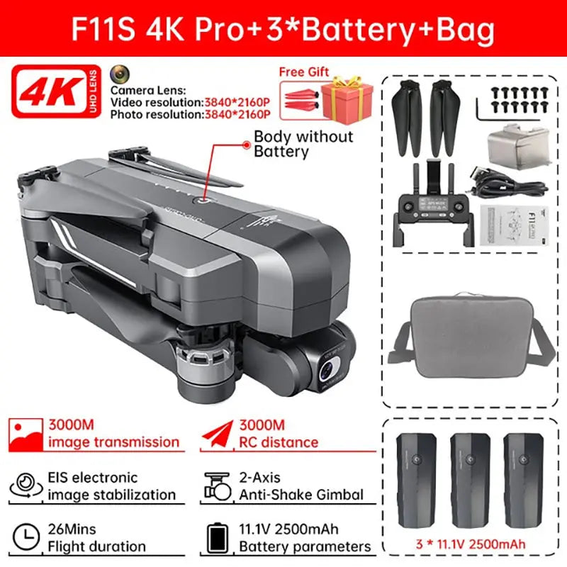 SJRC F11S/F11 4K PRO RC Drone 3KM Repeater 4K HD Camera 2-Axis Electronic Stabilization Gimbal Brushless Foldable Quadcopter FUNYAT