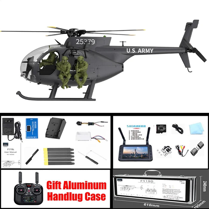YUXIANG F118S MH-6 Little Bird 1/16 Scale 250-Class FPV RC Military Helicopter 5-Blade Flybarless GPS RTF Black With Camera FPV Display Version - RC Helicopter | FUNYAT