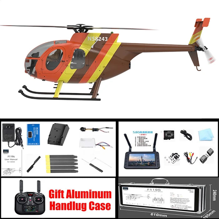 YUXIANG F118S MH-6 Little Bird 1/16 Scale 250-Class FPV RC Military Helicopter 5-Blade Flybarless GPS RTF Orange With Camera FPV Display Version - RC Helicopter | FUNYAT