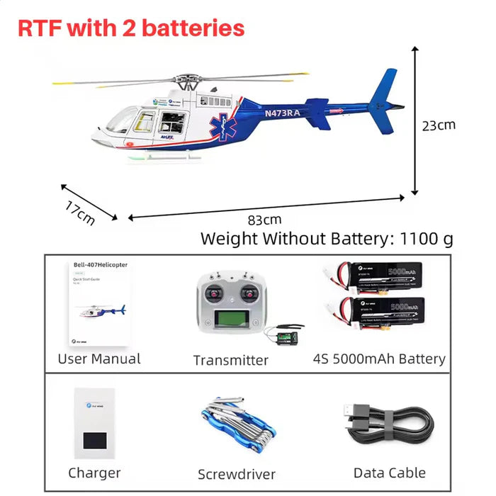 FLYWING Bell407 470 Class RC Helicopter RTF with 2x 5000mAh battery — 2 Battery Package
