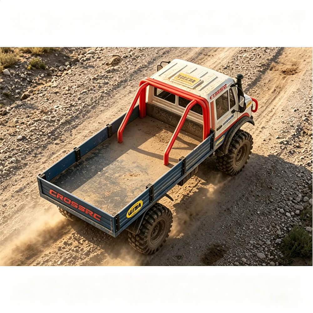 CROSSRC EMO XXL Ultra Thunder Dragon 6x6 1/6 RC crawler — rear view with blue cargo flatbed