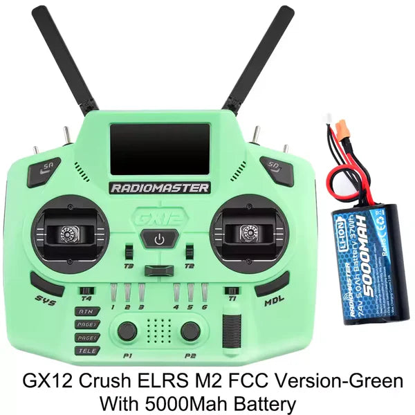 RadioMaster GX12 Crush ExpressLRS Radio Controller 1000Hz CNC Hall Gimbal Dual Band 16CH Transmitter for FPV Drones Green Included 5000mAh Battery - RC Radio Controller | FUNYAT