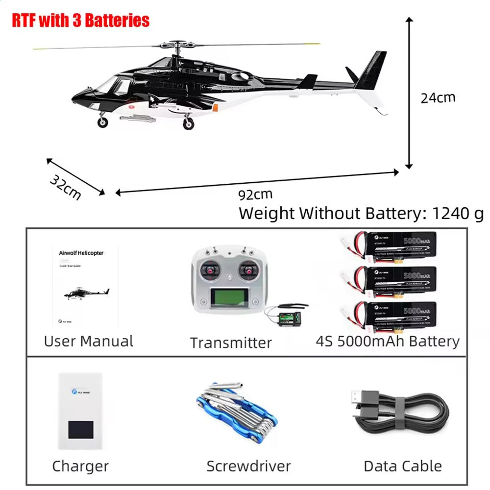 FLYWING Airwolf 470 scale RC helicopter ACE GPS retractable landing gear black white livery RTF