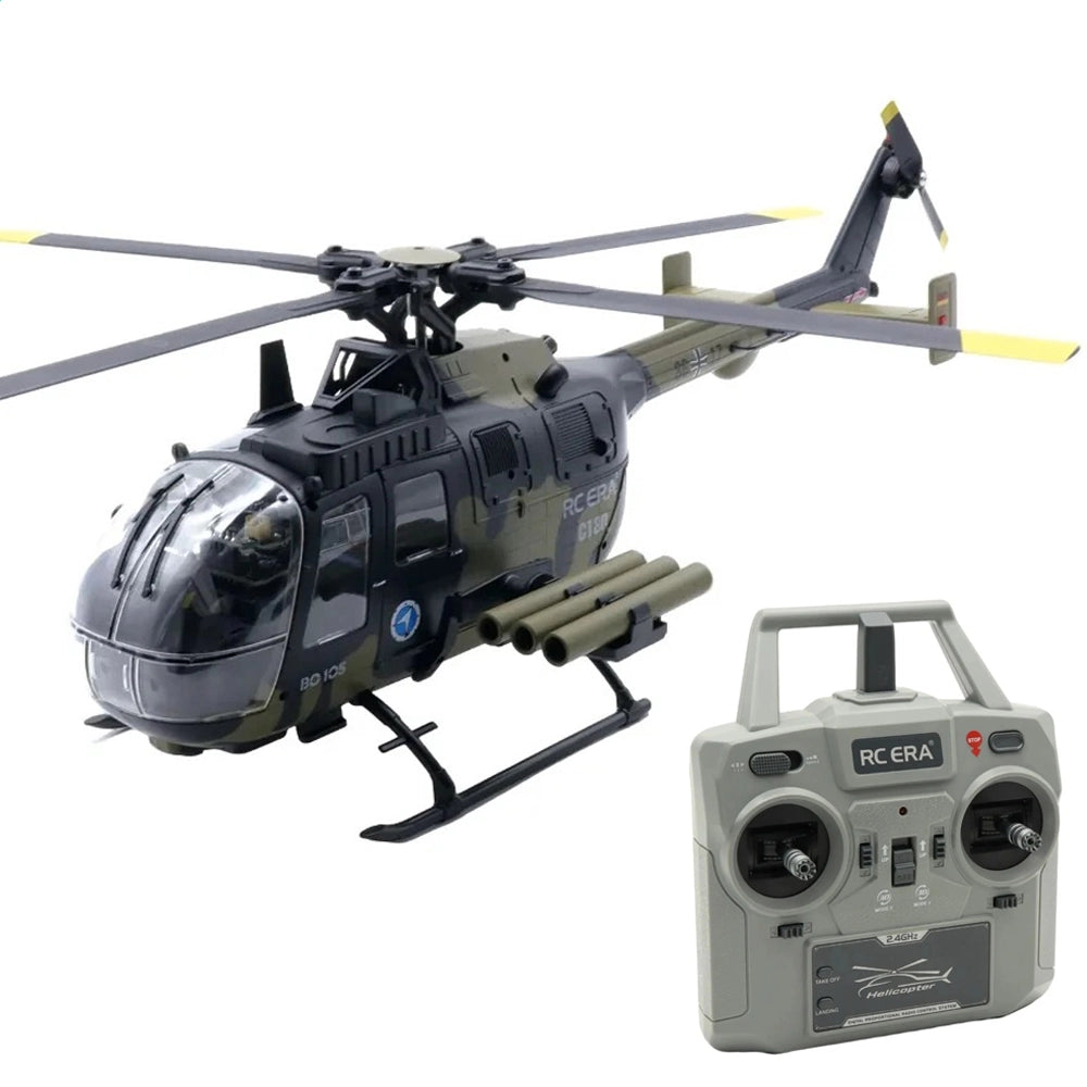 RCERA C180 BO-105 scale RC helicopter full body view camouflage green 150-class flybarless dual brushless RTF