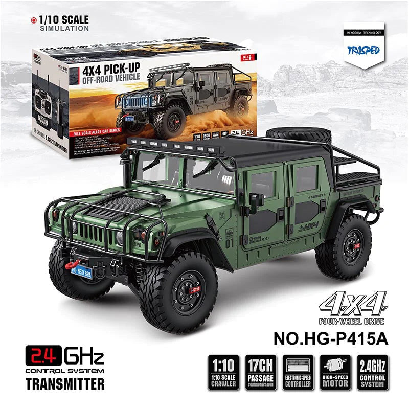 HG P415A 4WD U.S.4X4 Hummer H1 Military Truck 1/10 RC Car Metal Simulation Pickup Upgraded Sound/Light effect Toys