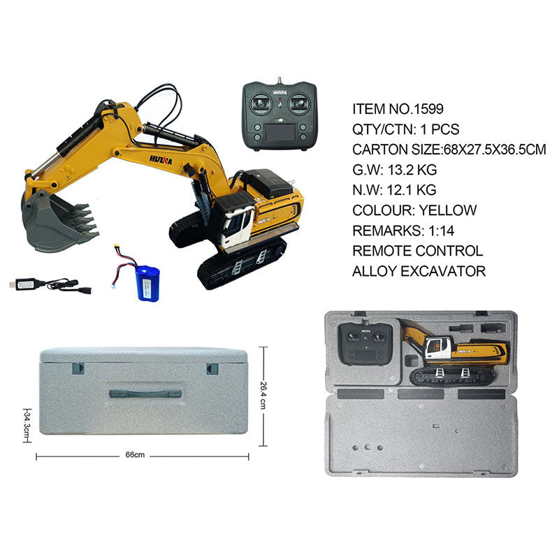 Huina 1599 Excavator 24CH Ultra-Wide Alloy Engineering Vehicle RC Electric 1:14 Excavator Outdoor Toy with Light/Sound