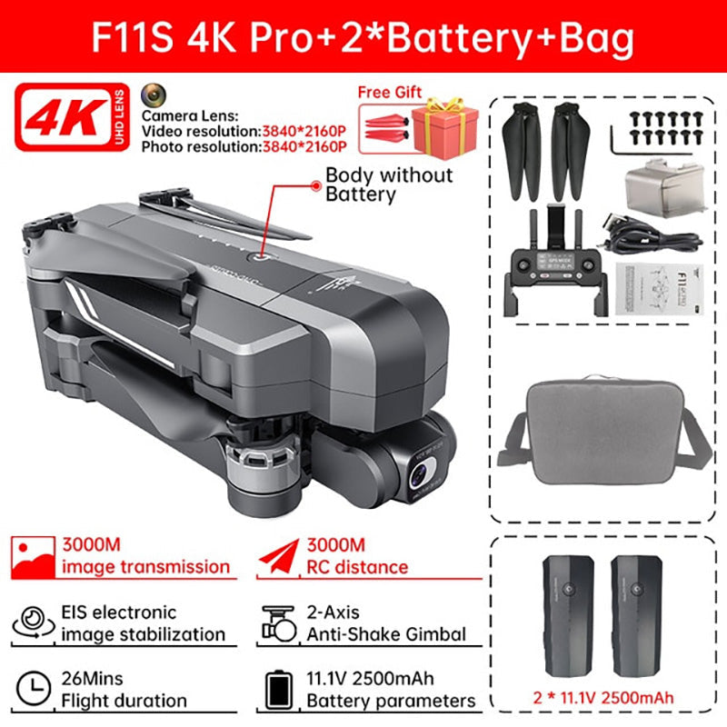 SJRC F11S/F11 4K PRO RC Drone 3KM Repeater 4K HD Camera 2-Axis Electronic Stabilization Gimbal Brushless Foldable Quadcopter