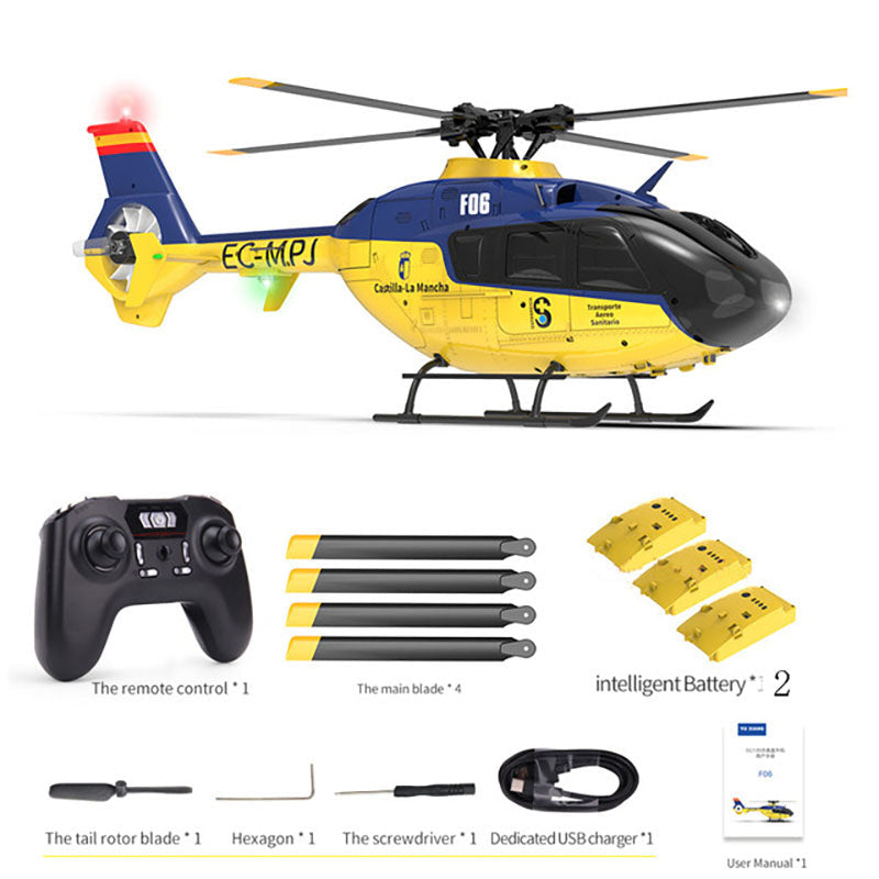 YXZNRC F06 EC135 2.4G 6CH RC Helicopter RTF Direct Drive Dual Brushless One Key 3D Roll Flybarless Helicopter Toy