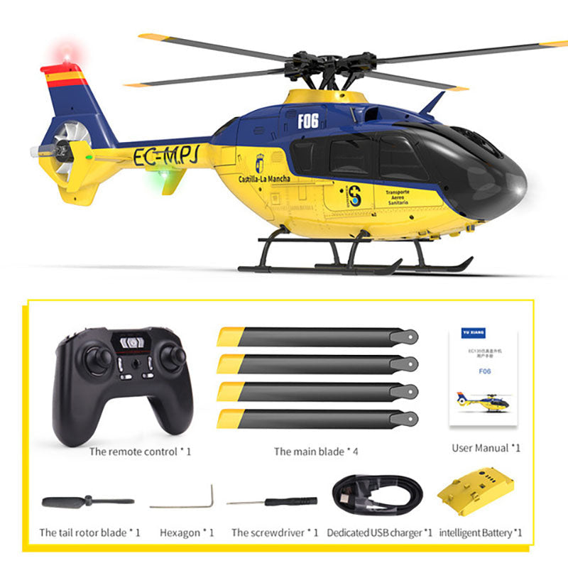 YXZNRC F06 EC135 2.4G 6CH RC Helicopter RTF Direct Drive Dual Brushless One Key 3D Roll Flybarless Helicopter Toy