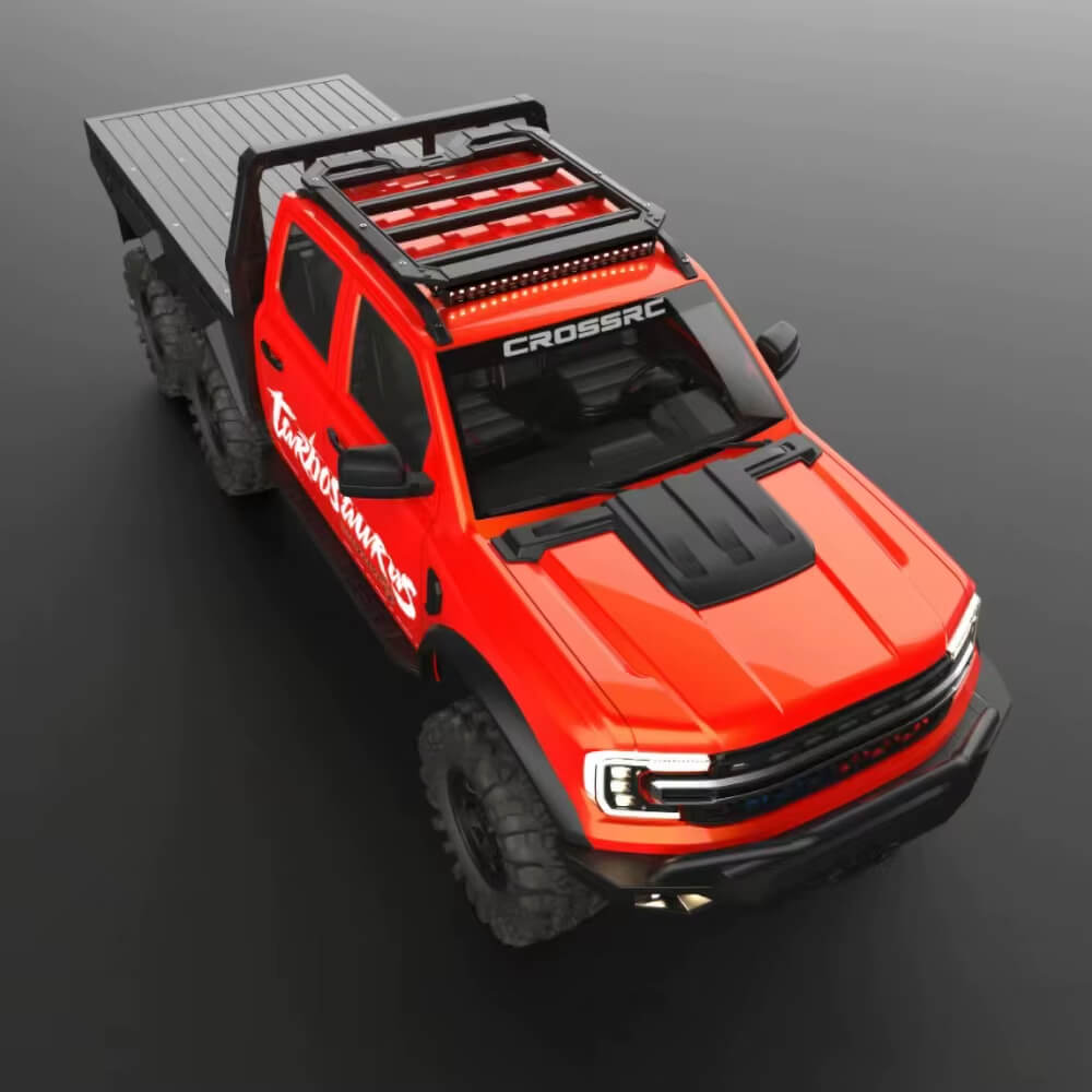 Heavy-duty off-road tires close-up of CROSSRC 1/5 pickup truck