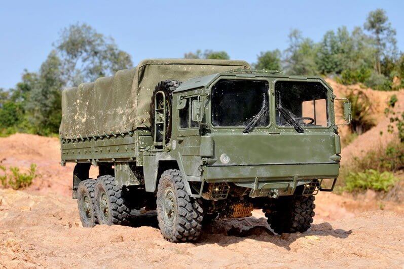 CROSSRC MC6 RC military transport truck on dirt road