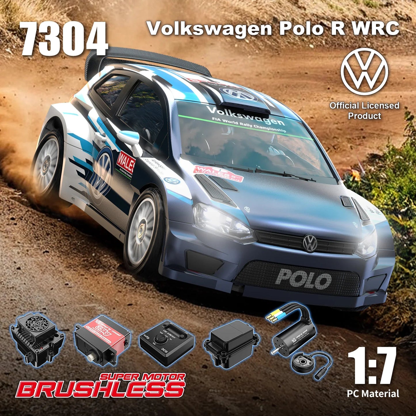 Side view of MJX Hyper Go 7304 1/7 scale Volkswagen Polo R RC Rally Car