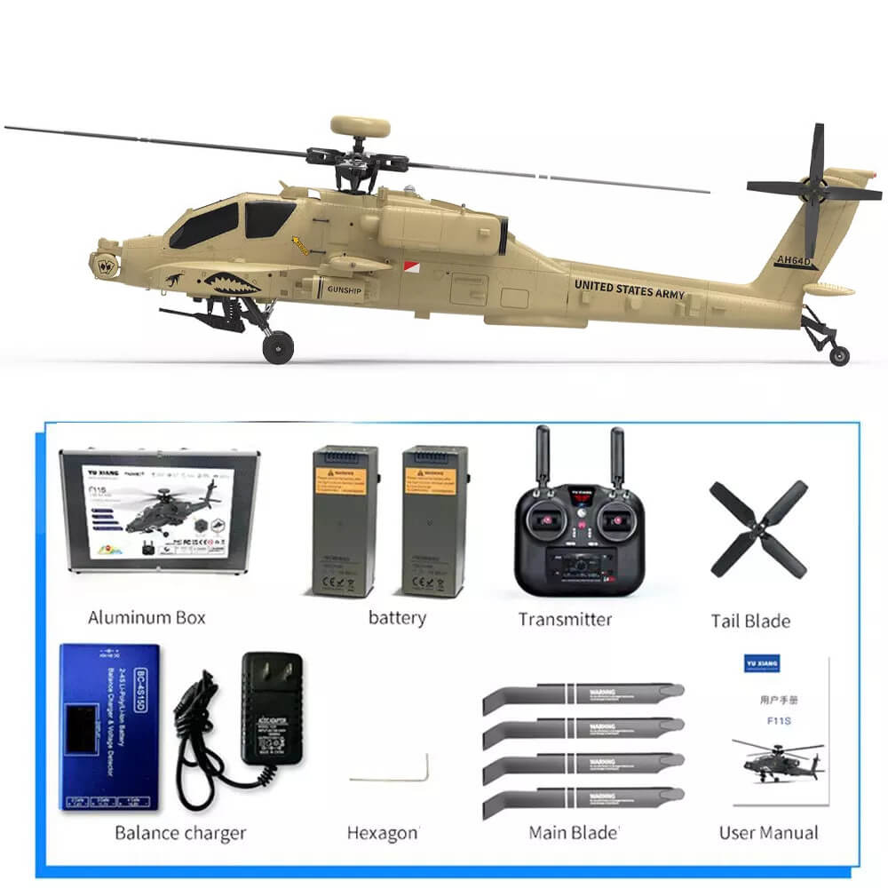 Full package contents of YUXIANG F11H Apache RC helicopter